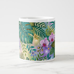 Caneca De Café Grande Flores Fantasia da Selva Roxo Verde Dourado Sonhad