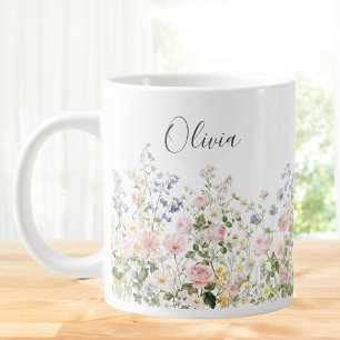 Caneca De Café Grande Flores Florais Rosa Azul Monograma Aquarela 