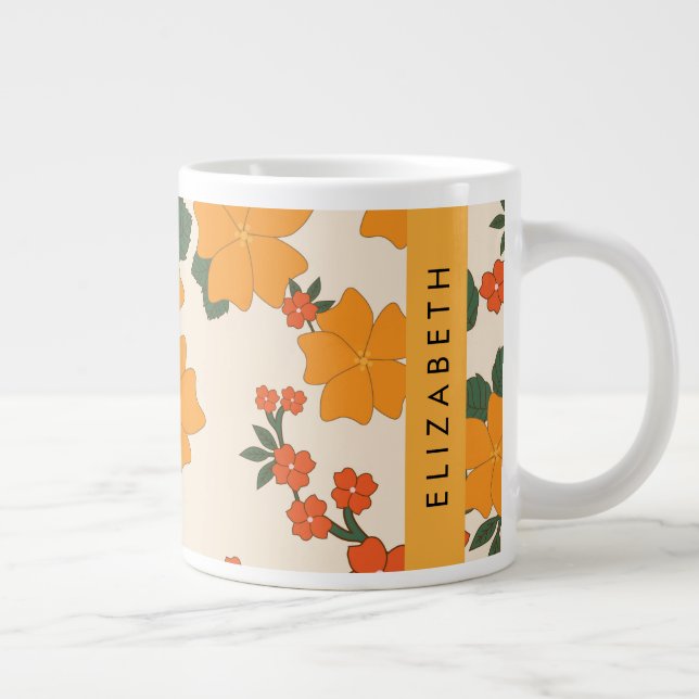 Caneca De Café Grande Flores Laranja, Padrão De Flores, Seu Nome (Direita)