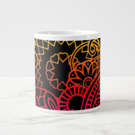 Caneca De Café Grande Flores Laranja Roxo e Fundo Preto