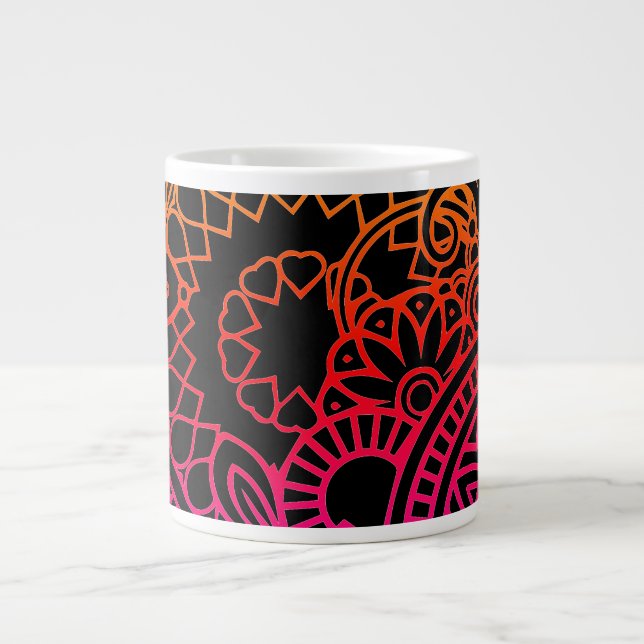 Caneca De Café Grande Flores Laranja Roxo e Fundo Preto (Frente)
