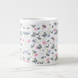 Caneca De Café Grande Flores Modernas Elegantes e padrão de borboletas