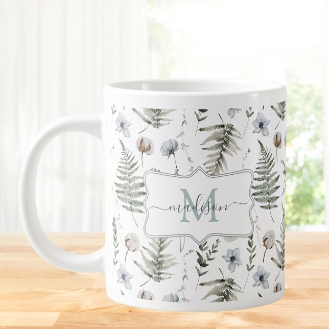 Caneca De Café Grande Flores Monogramáticas e Folhas de Samambaia Floral (In situ)