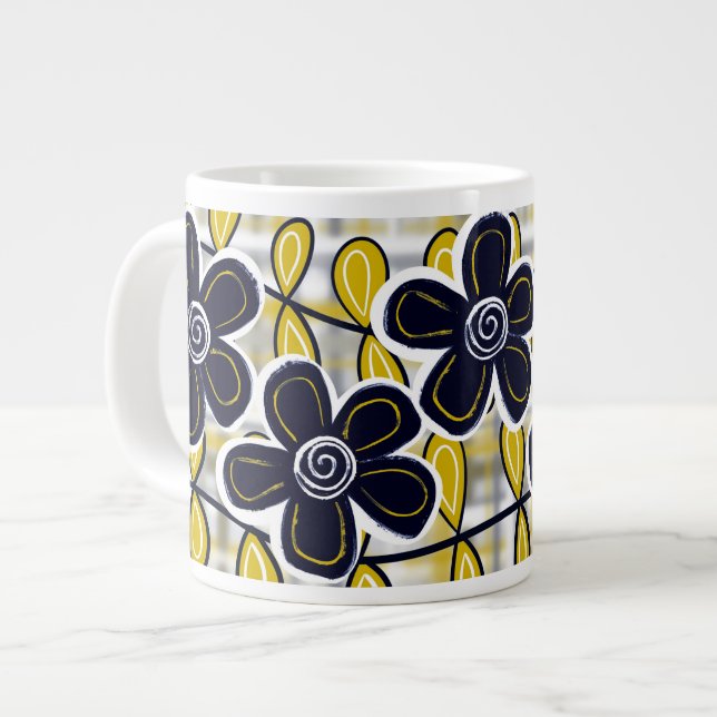 Caneca De Café Grande Flores Negras e Douradas Jumbo Mug (Frente Esquerda)