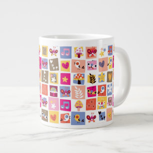 Caneca De Café Grande flores, pássaros, padrão de quadrados de coraç