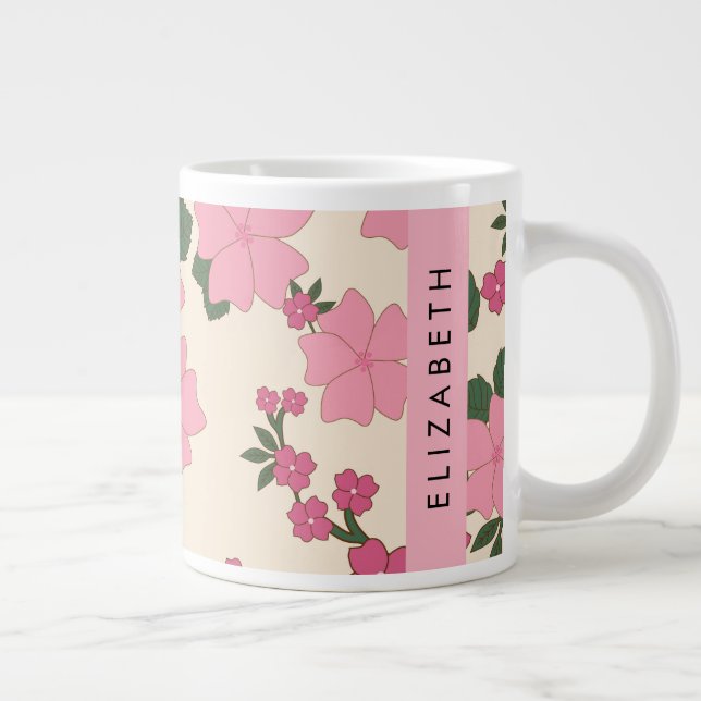 Caneca De Café Grande Flores Rosa, Padrão De Flores, Seu Nome (Direita)