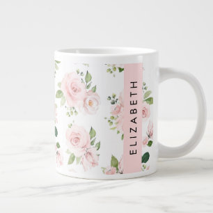 Caneca De Café Grande Flores, Rosas, Flores De Aquarela, Seu Nome