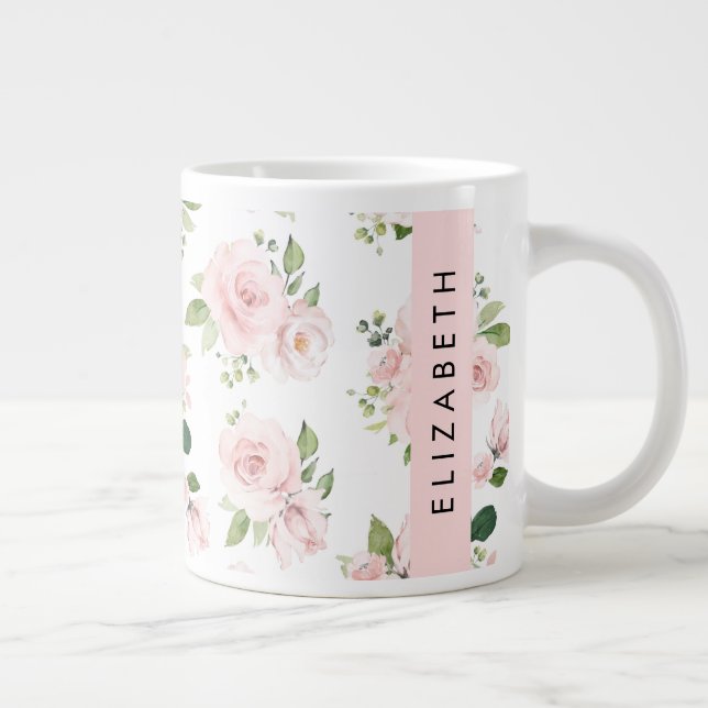 Caneca De Café Grande Flores, Rosas, Flores De Aquarela, Seu Nome (Direita)