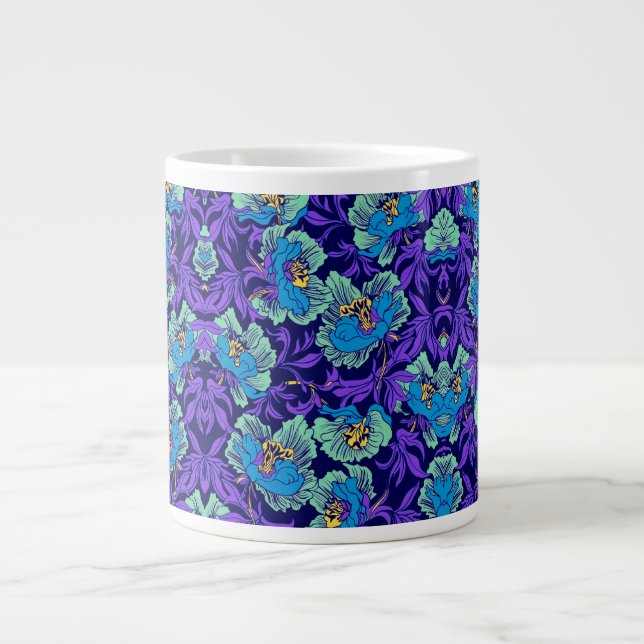 Caneca De Café Grande Flores roxas e azuis William Morris (Frente)