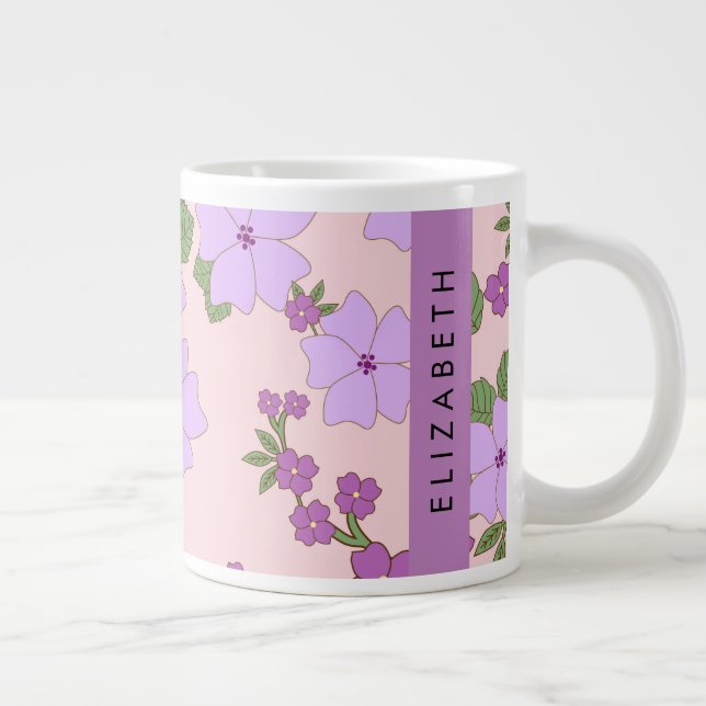 Caneca De Café Grande Flores Roxas, Padrão De Flores, Seu Nome (Direita)