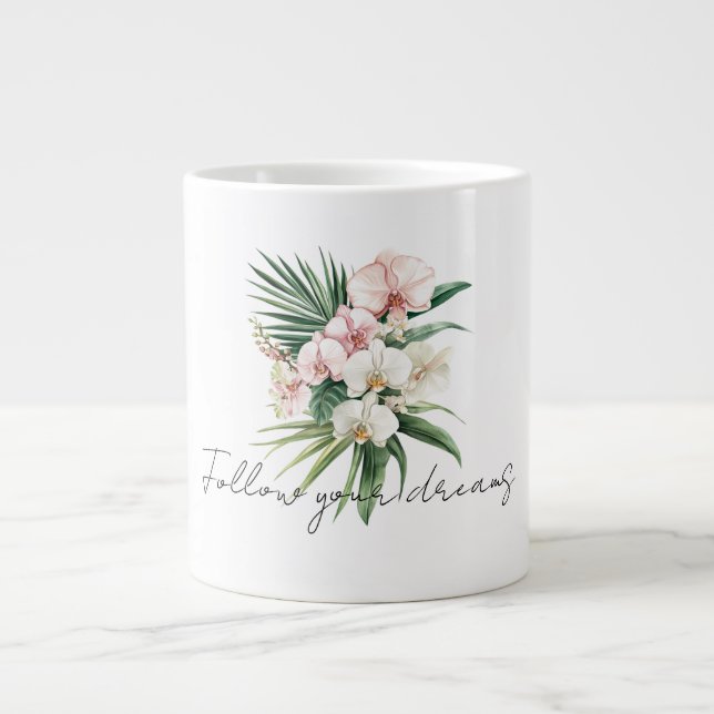 Caneca De Café Grande Flores Tropicais De Orquídeas Rosa (Frente)