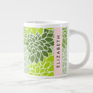 Caneca De Café Grande Flores Verdes Dahlia, Padrão Floral, Seu Nome
