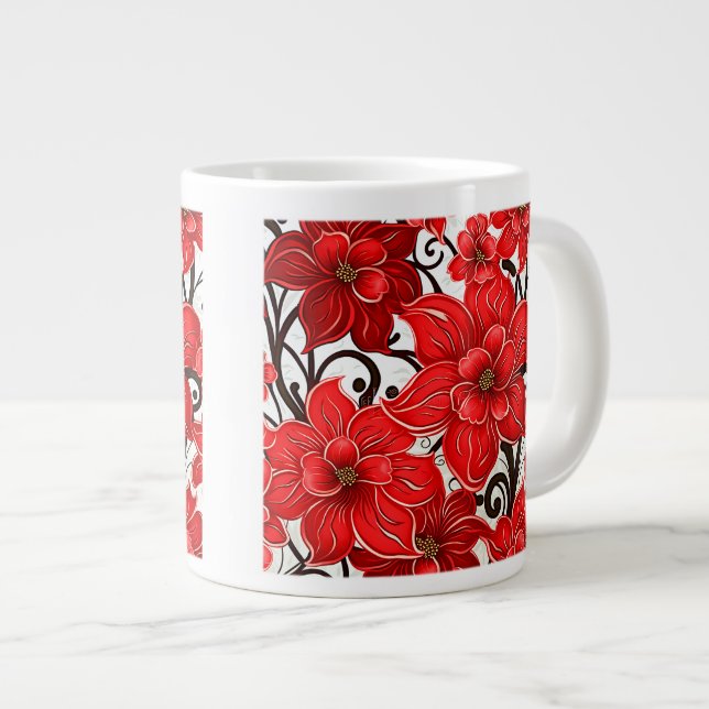 Caneca De Café Grande Flores Vermelhas - Padrões Jumbo Mug (Frente Esquerda)