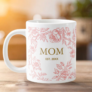 Caneca De Café Grande Flores Vintage Toile De Jouy Rosa Dia Das Mães 