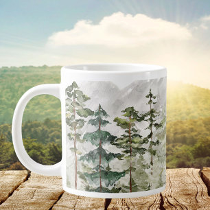 Caneca De Café Grande Floresta de Pinheiros Verde em Montanha em Aquarel