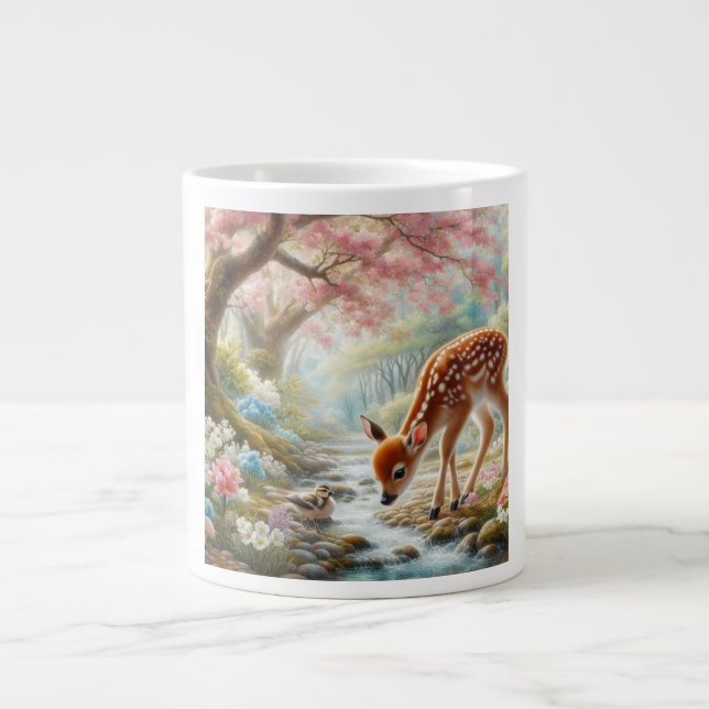 Caneca De Café Grande Florestas de primavera com pato e fada/veado (Frente)