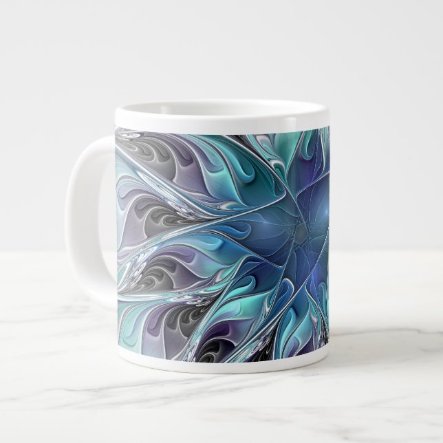 Caneca De Café Grande Flourish Abstract Modern Fractal Flower With Blue (Frente Esquerda)