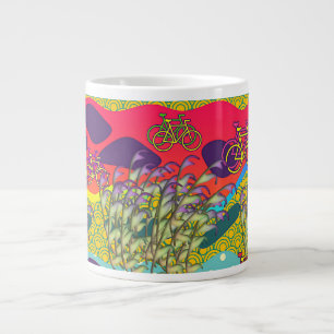 Caneca De Café Grande Folhagem Roxa Verde + Bicicletas Divertidas