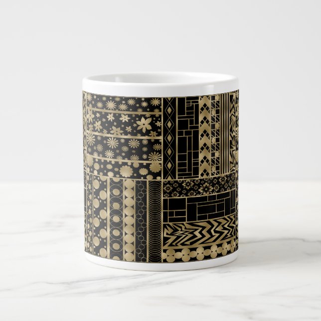 Caneca De Café Grande Formas e Flores Tangues a Preto e Dourado (Frente)