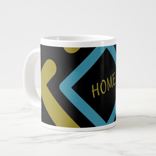 Caneca De Café Grande Formas Geométricas Douradas e Turquesas (Frente Esquerda)
