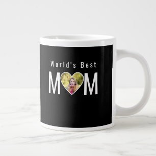 Caneca De Café Grande Foto da Mamãe em Moldura de Coração Preto Moderno