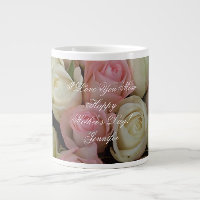 Caneca De Café Grande Fotografia Floral Feliz Dia de as mães Rosa Rosado (Frente)