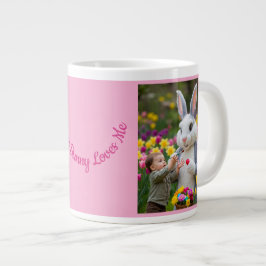 Caneca De Café Grande Fotos de Coelho e Criança Moldura Oval Rosa Páscoa