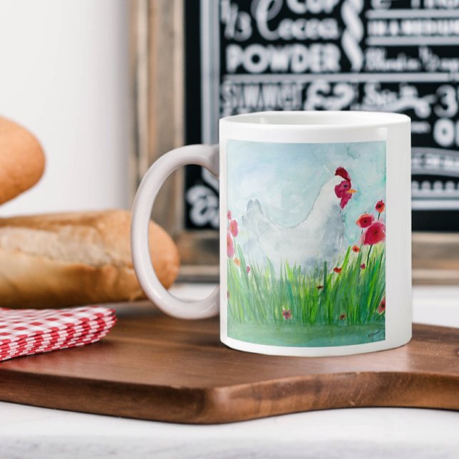 Caneca De Café Grande Frango Rustic Watercolor (Criador carregado)