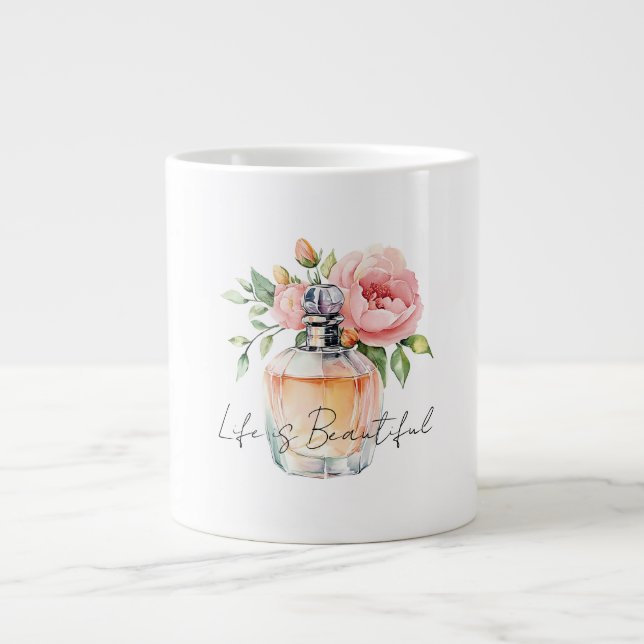 Caneca De Café Grande Frasco de Perfume Rosas Bege Lindas (Frente)
