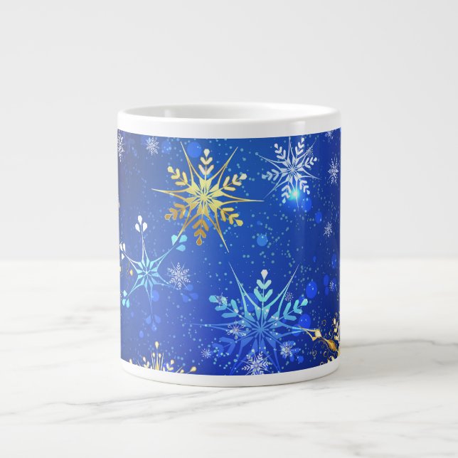 Caneca De Café Grande Fundo Azul XMAS com Flocos de Neve Ouro (Frente)