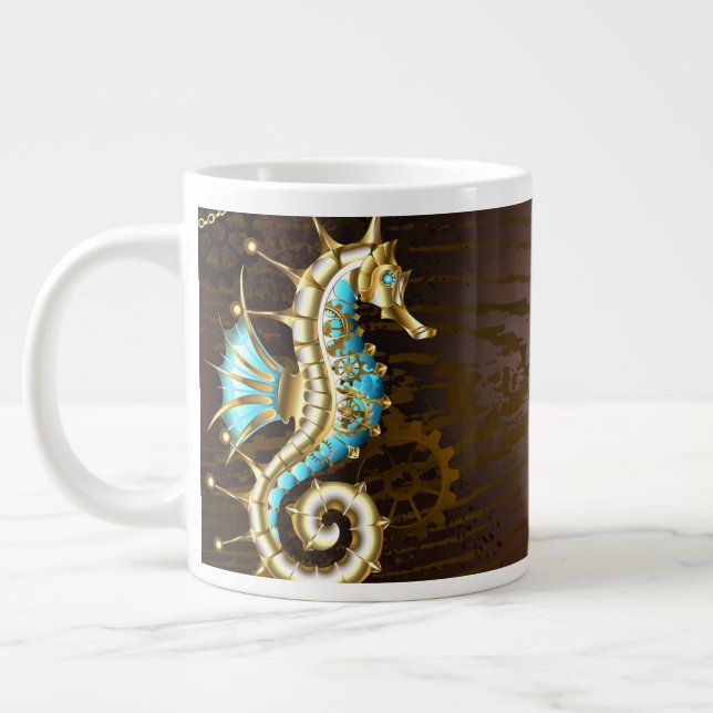 Caneca De Café Grande Fundo de madeira com cavalo de mar mecânico (Esquerda)