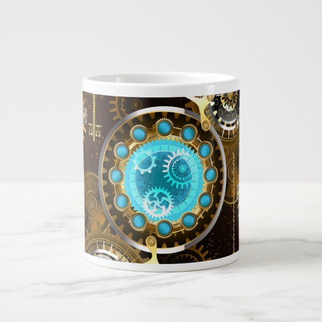 Caneca De Café Grande Fundo Rusty Steampunk com Lentes Turquesa (Frente)