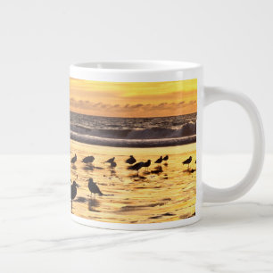 Caneca De Café Grande Gaivotas na Praia ao Pôr do Sol