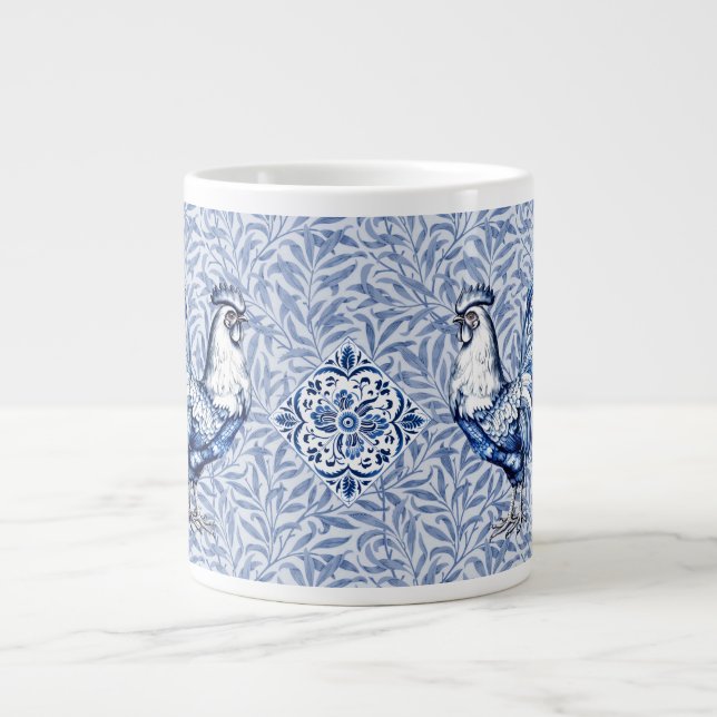 Caneca De Café Grande Galinha De rico Azul E Galo Branco (Frente)