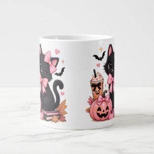 Caneca De Café Grande Gata Preta Coquete Fofa de Halloween com Laços Ros