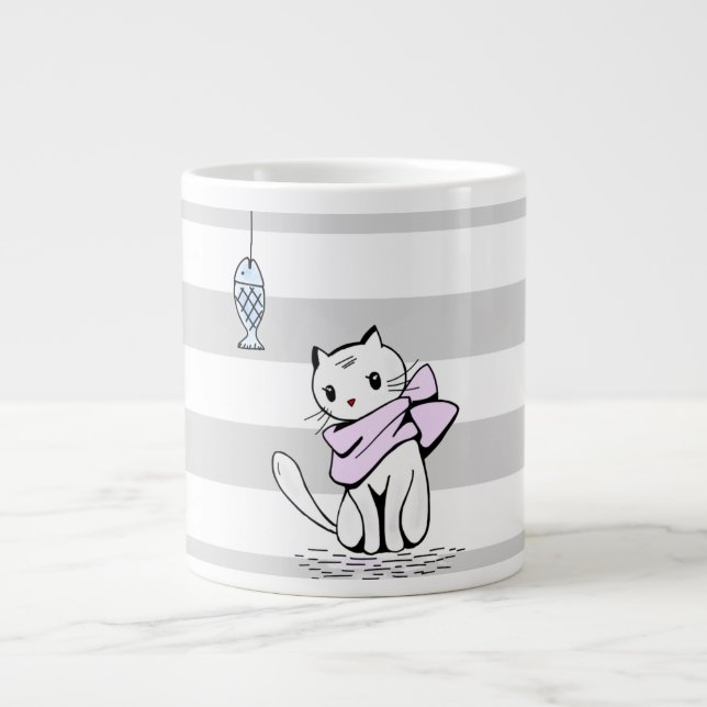 Caneca De Café Grande Gato branco esvaziado e peixe (Frente)