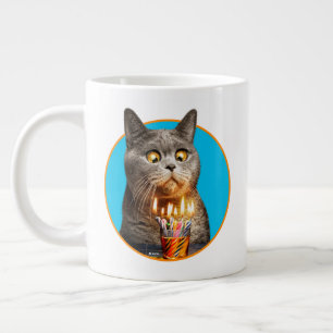 Caneca De Café Grande Gato Com Vidro De Aniversário