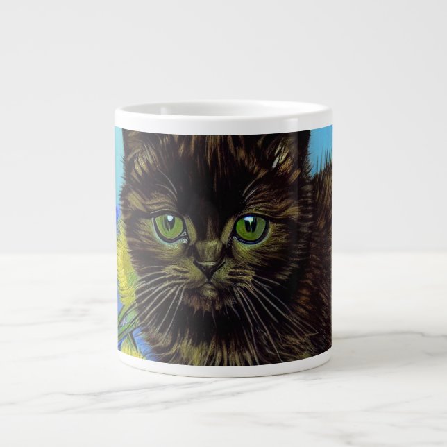 Caneca De Café Grande Gato de estilo Van Gogh com Sunflower (Frente)