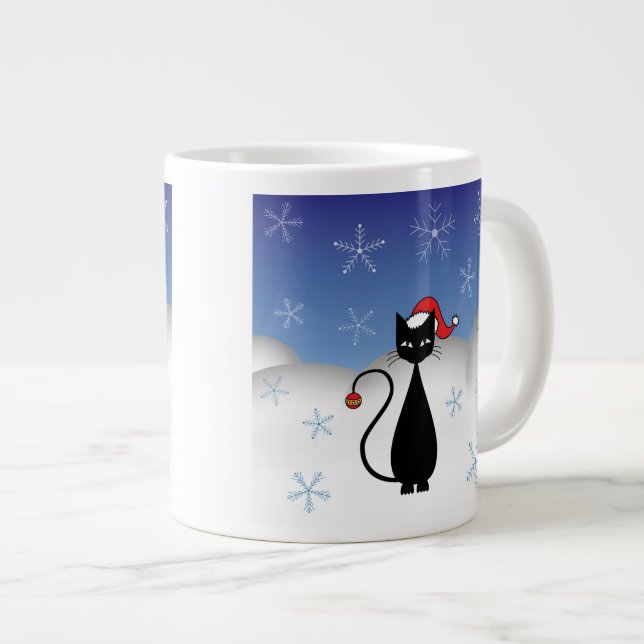 Caneca De Café Grande Gato de Natal com Flocos de Neve (Frente Esquerda)