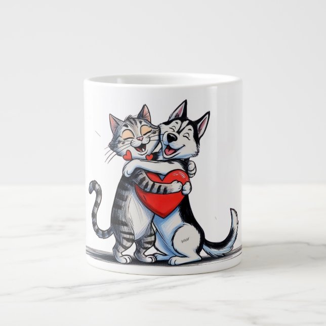 Caneca De Café Grande Gato e cão apaixonados (Frente)