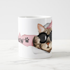 Caneca De Café Grande Gato engraçado “Meow” com design de óculos