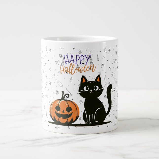 Caneca De Café Grande Gato feliz de Halloween & abóbora (Frente)