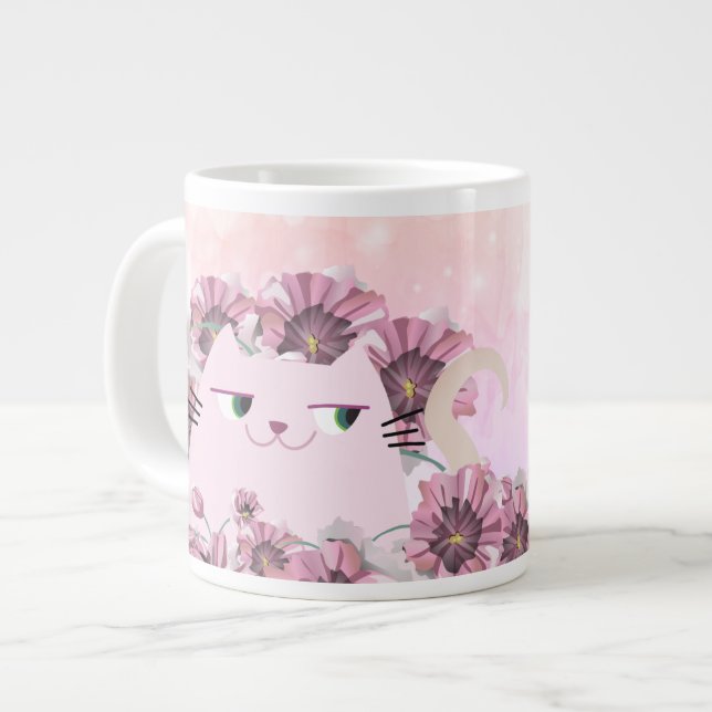 Caneca De Café Grande Gato Fofo Flores Rosa (Frente Esquerda)