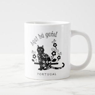 Caneca De Café Grande Gato negro com flores e expressão portuguesa
