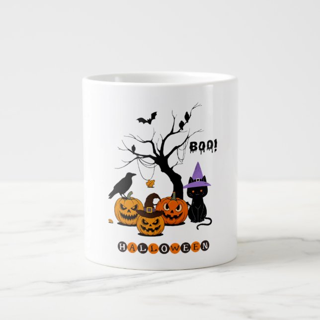 Caneca De Café Grande Gato Preto de Halloween Fofo com Abóboras (Frente)
