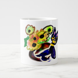 Caneca De Café Grande Gato Preto e Girassóis 