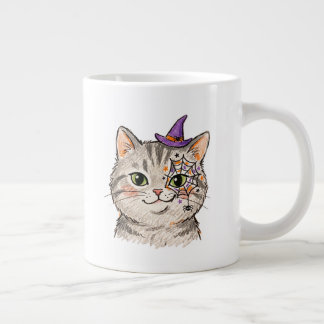 Caneca De Café Grande Gato Tabby Cinza Fofo de Halloween com Pintura Fac