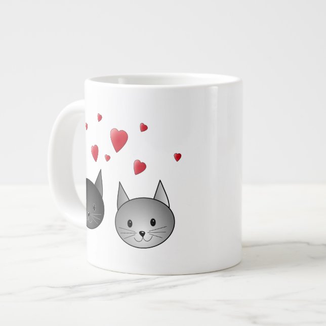 Caneca De Café Grande Gatos de Cinza e Preto, com Corações. (Frente Esquerda)