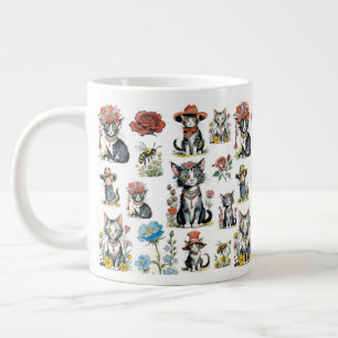 Caneca De Café Grande Gatos Whimsical em Chapéus com Flores e Abelhas