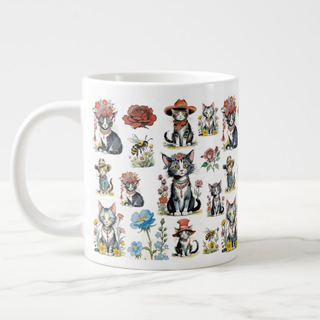 Caneca De Café Grande Gatos Whimsical em Chapéus com Flores e Abelhas (Esquerda)